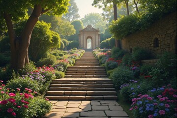 Stone Steps Leading to an Ornate Archway in a Lush Garden