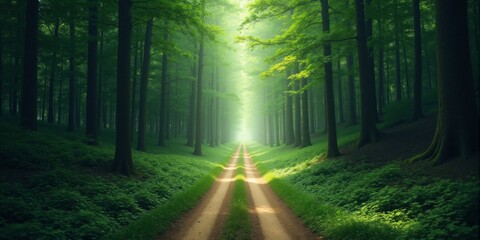 Obraz premium Sunlit Path Through Dense Green Forest