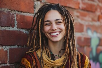 Naklejka premium A woman with dreadlocks smiling in front of a brick wall, ideal for use as a profile picture or background image