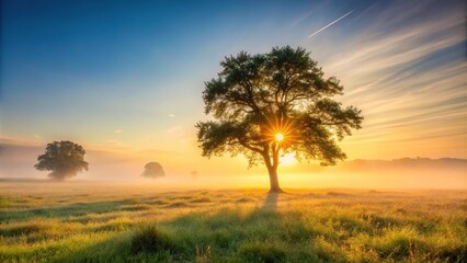 Obraz premium Skewed tree on meadow at sunrise with sunlight through fog