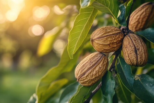 A picture of a tree with a bunch of nuts hanging from its branches
