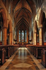 Fototapeta premium Simple church interior with pews and stained glass windows