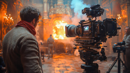 A young male videographer with a professional camera and headphones, filming against a backdrop of bright city lights