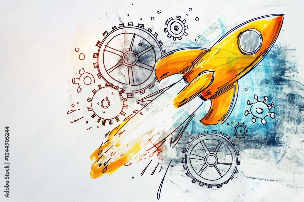 Poster a futuristic drawing of a rocket with gears emerging from its sides, ideal for use in sci-fi themed 