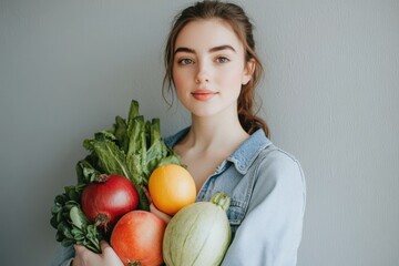 A person carrying a variety of fruits and vegetables, possibly for cooking or market sale