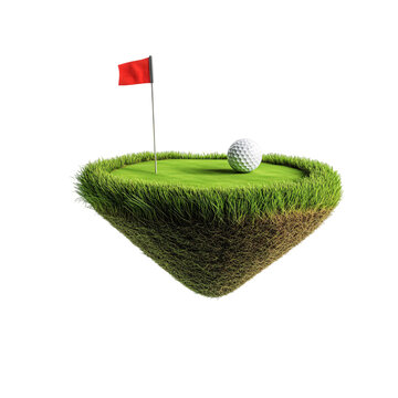 A golf ball and a red flag sitting on an isolated cone shaped golf grass ground in isolated background