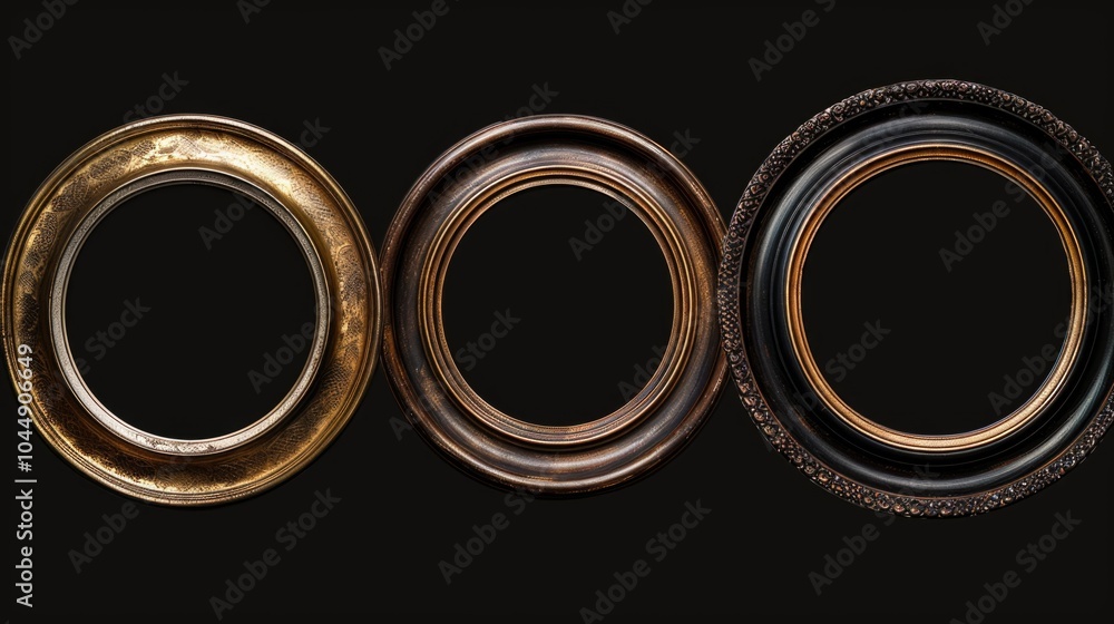 Poster a set of three oval picture frames on a black background, suitable for displaying multiple images or