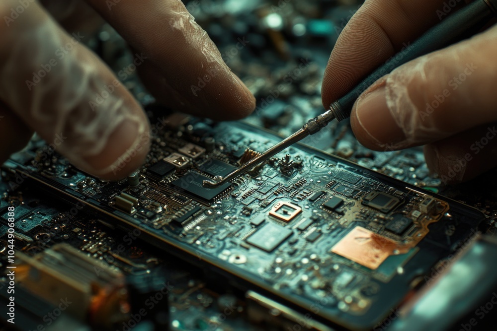 Poster a close-up of a person working on a circuit board, great for technology and electronics related proj