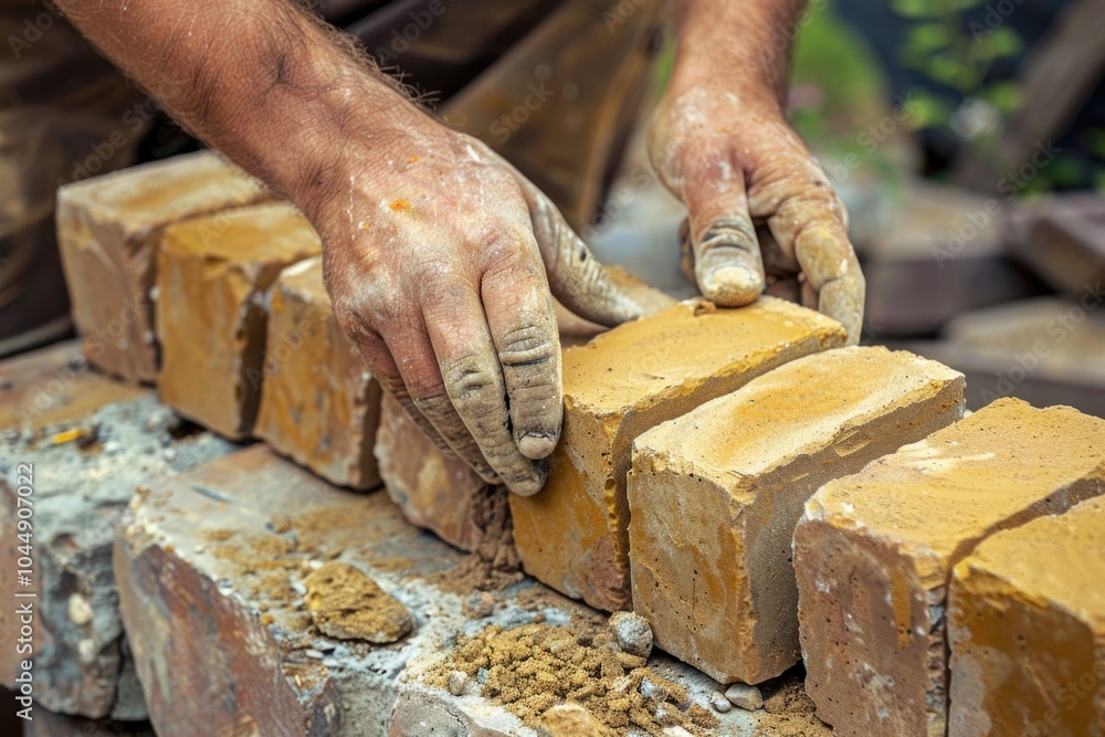 Poster a person constructs a brick structure using cement