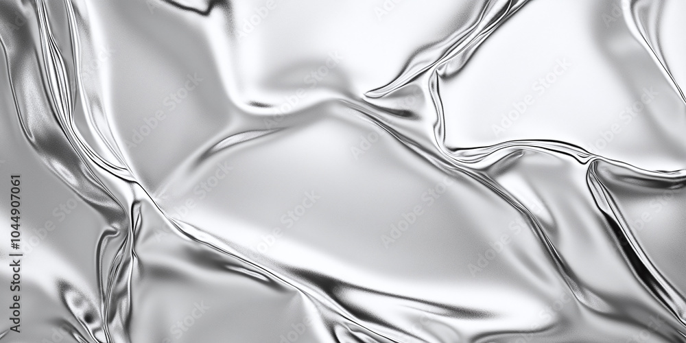Poster a close-up abstract image of a shiny metallic aluminum foil texture with smooth curves and a reflect