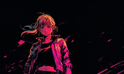 Strong cyberpunk woman in jacket