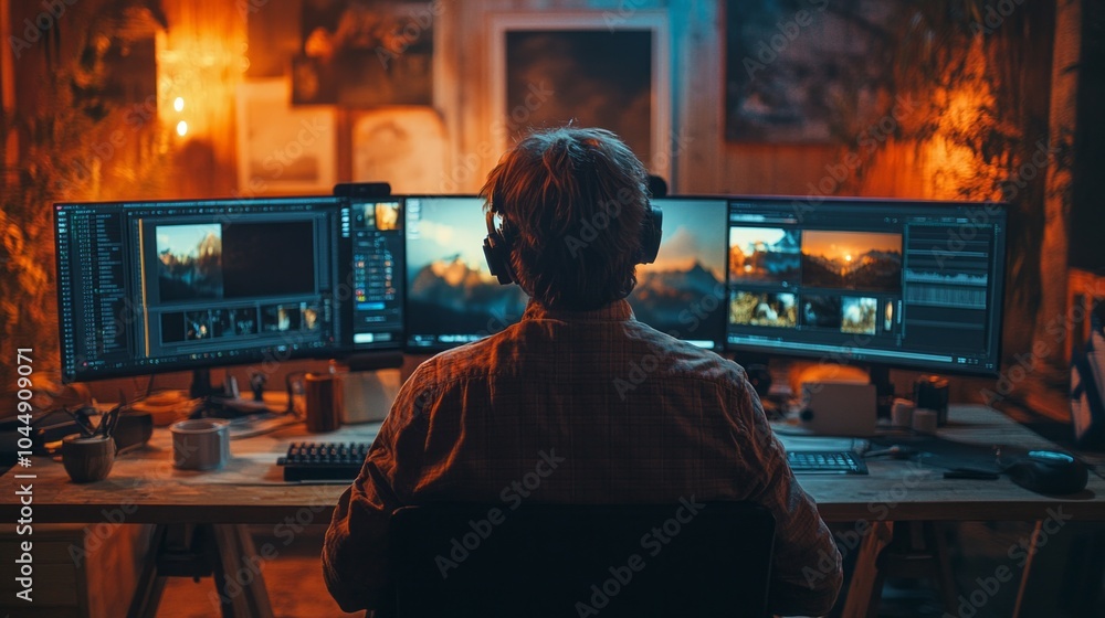Poster A man is sitting in front of a computer with three monitors