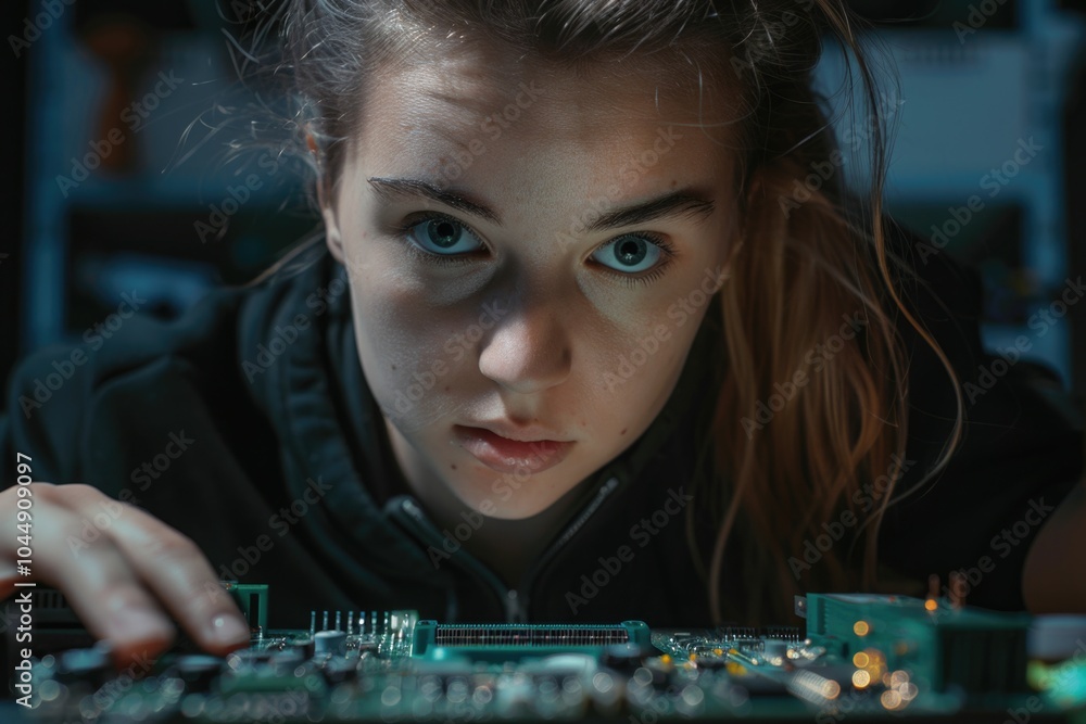 Poster a person inspecting a computer's internal components, suitable for tech-related projects and illustr