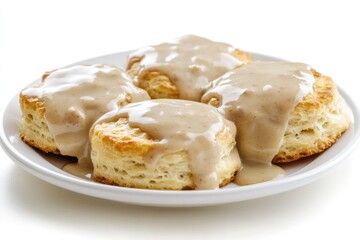 A plate of warm biscuits smothered in savory gravy, perfect for breakfast or brunch