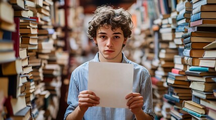 Young Man Holding Blank Paper in a Library