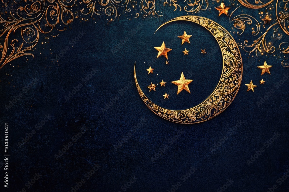 Poster a simple design featuring a crescent moon and stars on a blue background, suitable for use in design