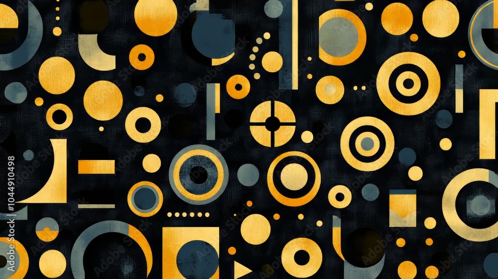 Poster seamless abstract pattern with colorful geometric shapes, circles, and dots on a dark background.