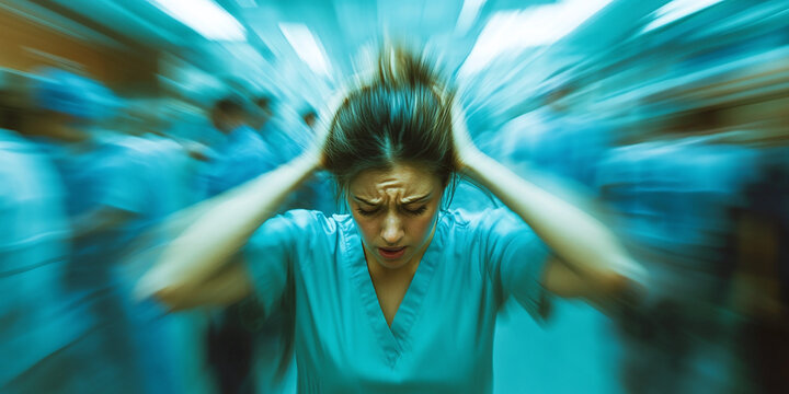  Frustrated nurse experiencing stress and fatigue in a fast-paced hospital environment, conveying the pressures of the healthcare field under duress.