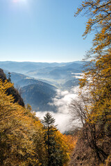 Beautiful autumn mountain landscape framed by colorful autumn trees. Pieniny Mountains. View from the trail to the Trzy Korony peak. Sromowce Nizne, Poland. Vertical