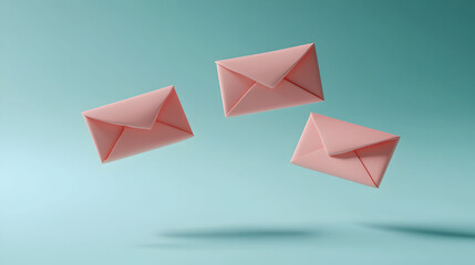 Three pink envelopes floating against a turquoise blue background, appearing to be in motion, creating a lively and whimsical scene