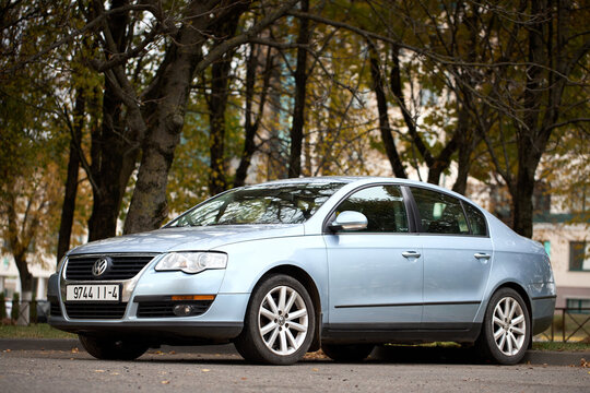 Minsk, Belarus - October, 22 2024: Volkswagen Passat B6 front engineD segment large family car manufactured and marketed by Volkswagen 2005 to 2011. Front Left three quarters selective focus shot.