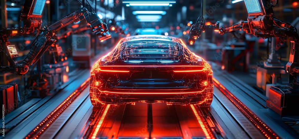 Poster A rear view of a sleek, futuristic car on an automated assembly line.