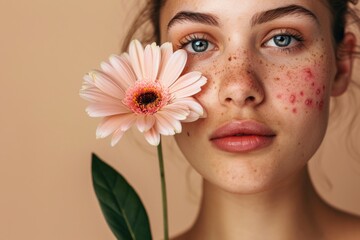 Fototapeta premium A close-up of a woman's face with freckles, holding a single flower