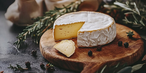 A large wheel of golden cheese with a slice removed, resting on a wooden board. The rustic setup adds a cozy, gourmet vibe to the food presentation.