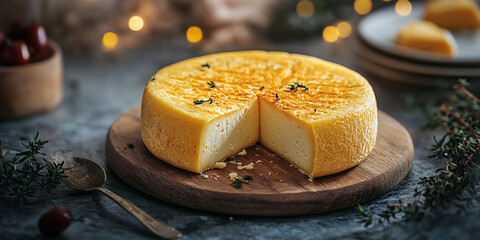 A large wheel of golden cheese with a slice removed, resting on a wooden board. The rustic setup adds a cozy, gourmet vibe to the food presentation.