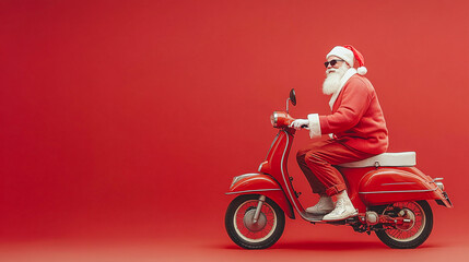 A playful, full-length image of Santa Claus riding a red scooter against a red background. Santa wears sunglasses, giving a modern twist to the classic holiday character.