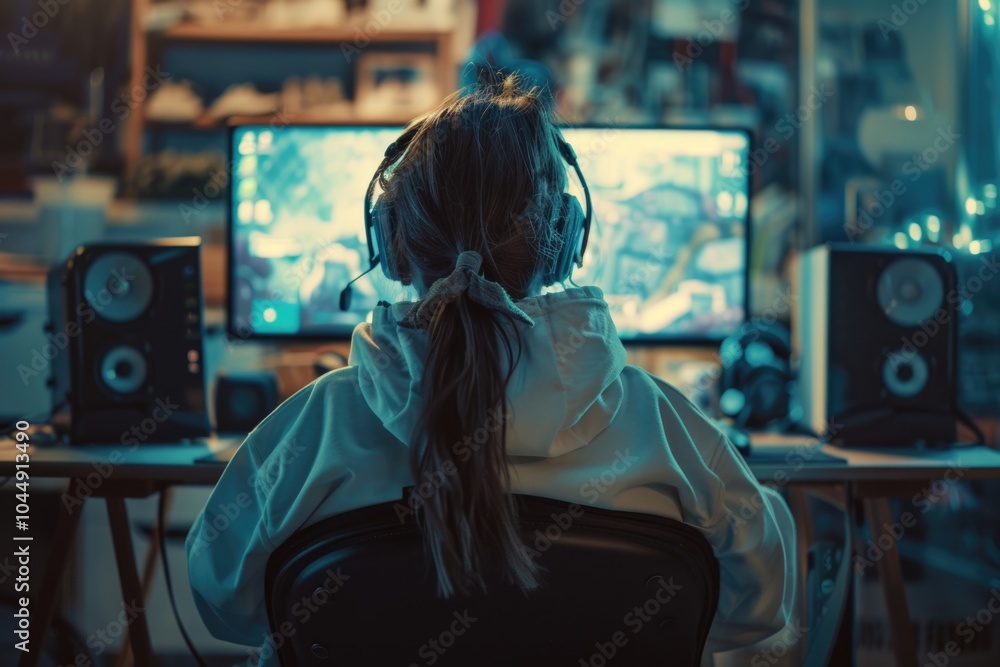 Poster a person sits in front of a computer monitor, focusing on the screen