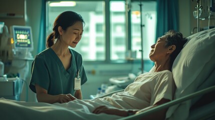 A nurse speaking with a patient in a hospital bed, providing care and attention