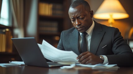 Obraz premium A corporate lawyer meticulously examines important legal documents on his desk while seated in a well-appointed office, focused and deep in thought