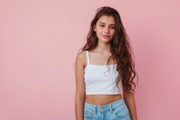 Obraz premium A young girl with long hair and a simple white top, great for fashion or lifestyle images