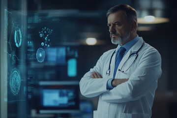 A doctor looks at a virtual screen, analyzes digital healthcare and network connectivity based on a modern interface, medical technology and a futuristic concept.