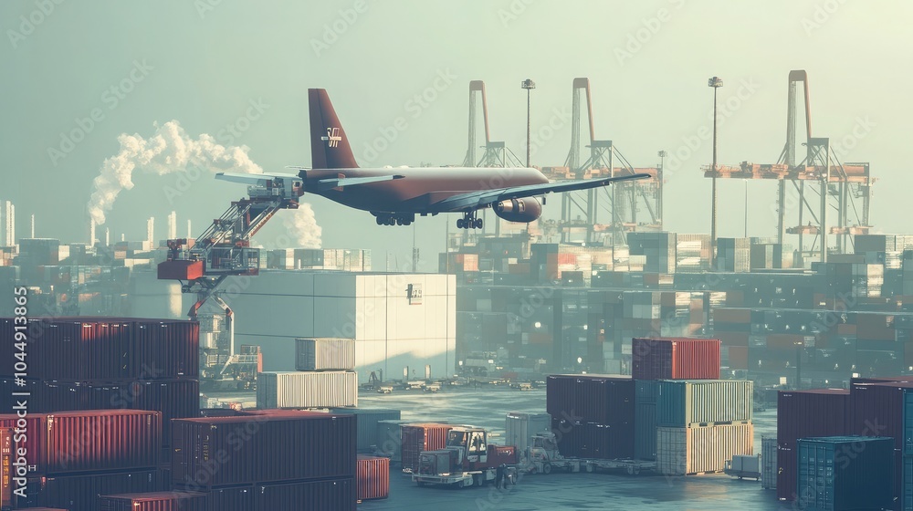 Poster airplane approaching loading dock at shipping port