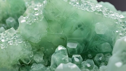 Fototapeta premium Light green prehnite crystal formation in natural light. High-resolution macro photograph showing translucent botryoidal surface texture and delicate crystal clusters. Professional mineral photography