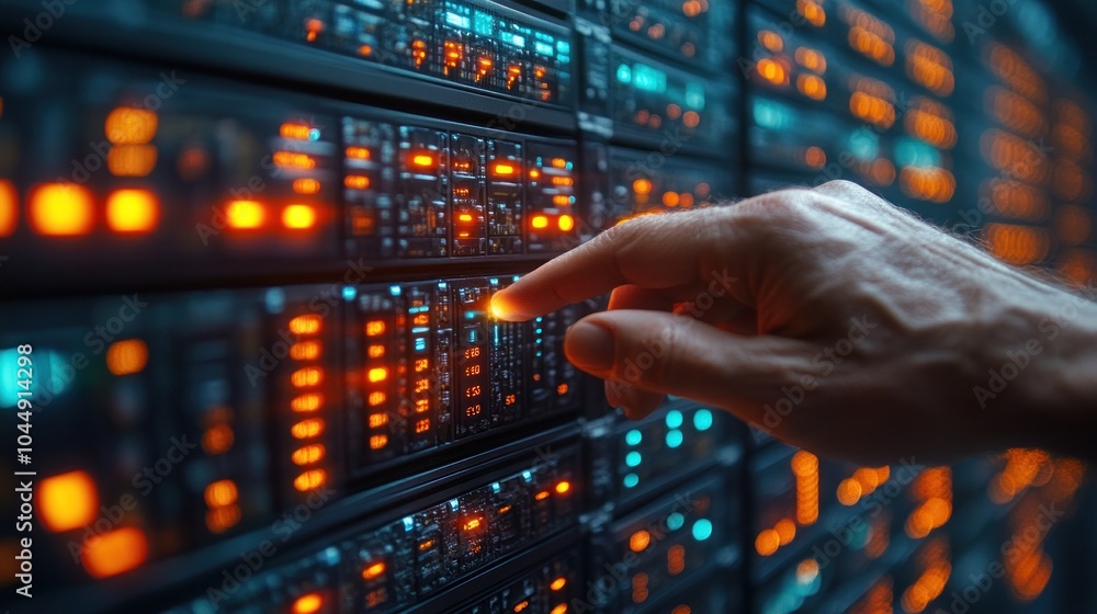 Poster a close-up of a hand reaching out and touching a server rack in a data center. the hand is pointing 