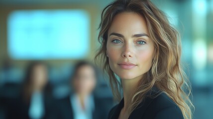 A poised and confident female lawyer stands in a contemporary office environment, engaging with colleagues in discussions about legal matters