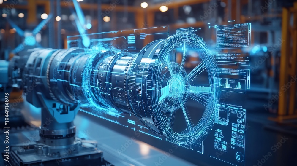 Aufkleber A robotic arm holding a turbine with a digital overlay showing its internal components in a factory setting.