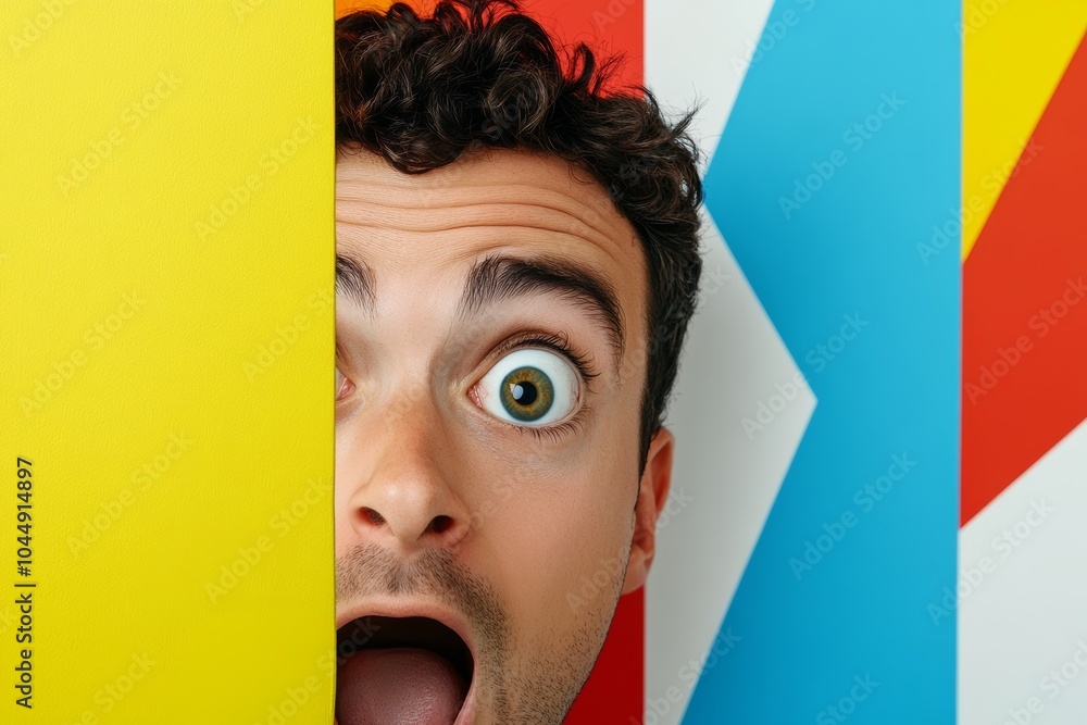 Poster man with a surprised expression is looking through a yellow sheet. bright and cheerful mood. person 