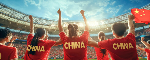 Unified Chinese Fans Cheering at Soccer Game. A powerful image of Chinese fans in red jerseys, raising their arms together in a packed stadium.
