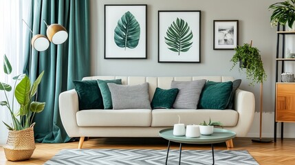 Stylish and Cozy Living Room Interior with Comfortable Sofa, Green Plants, and Minimalist Decor