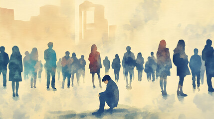 A group of people in warm watercolor strokes stand around a hunched, solitary figure, evoking isolation, exclusion, or judgment.