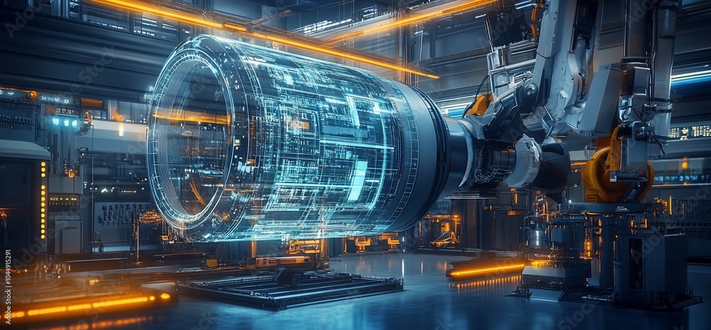 Poster A robotic arm holds a futuristic engine with a glowing blue digital interface in a modern factory.