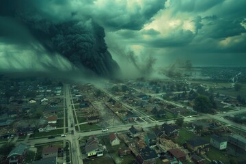 Fototapeta premium A massive plume of black smoke rising from the ground into the air, with a dark ominous tone