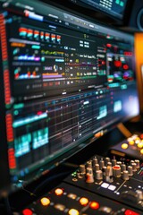 Control panel in a music recording studio with various equipment and controls