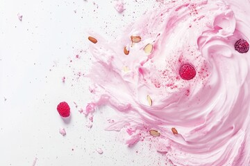 Swirling raspberry yogurt with almonds fruit pieces