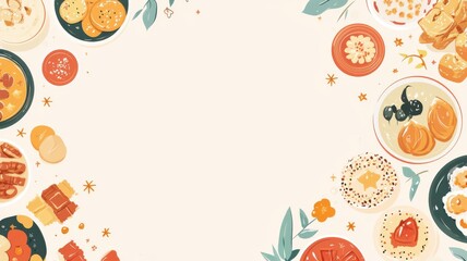 Colorful flat illustration of a Diwali feast table with traditional foods and sweets, featuring simple designs and festive doodles of stars and flowers. Diwali