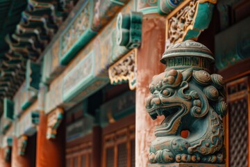 A detailed view of a statue on the exterior wall of a building, suitable for use in architectural or art-related contexts